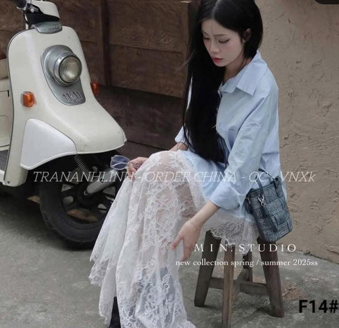 Women Lacey Skirts With Lace Detail Collar Down Shirts